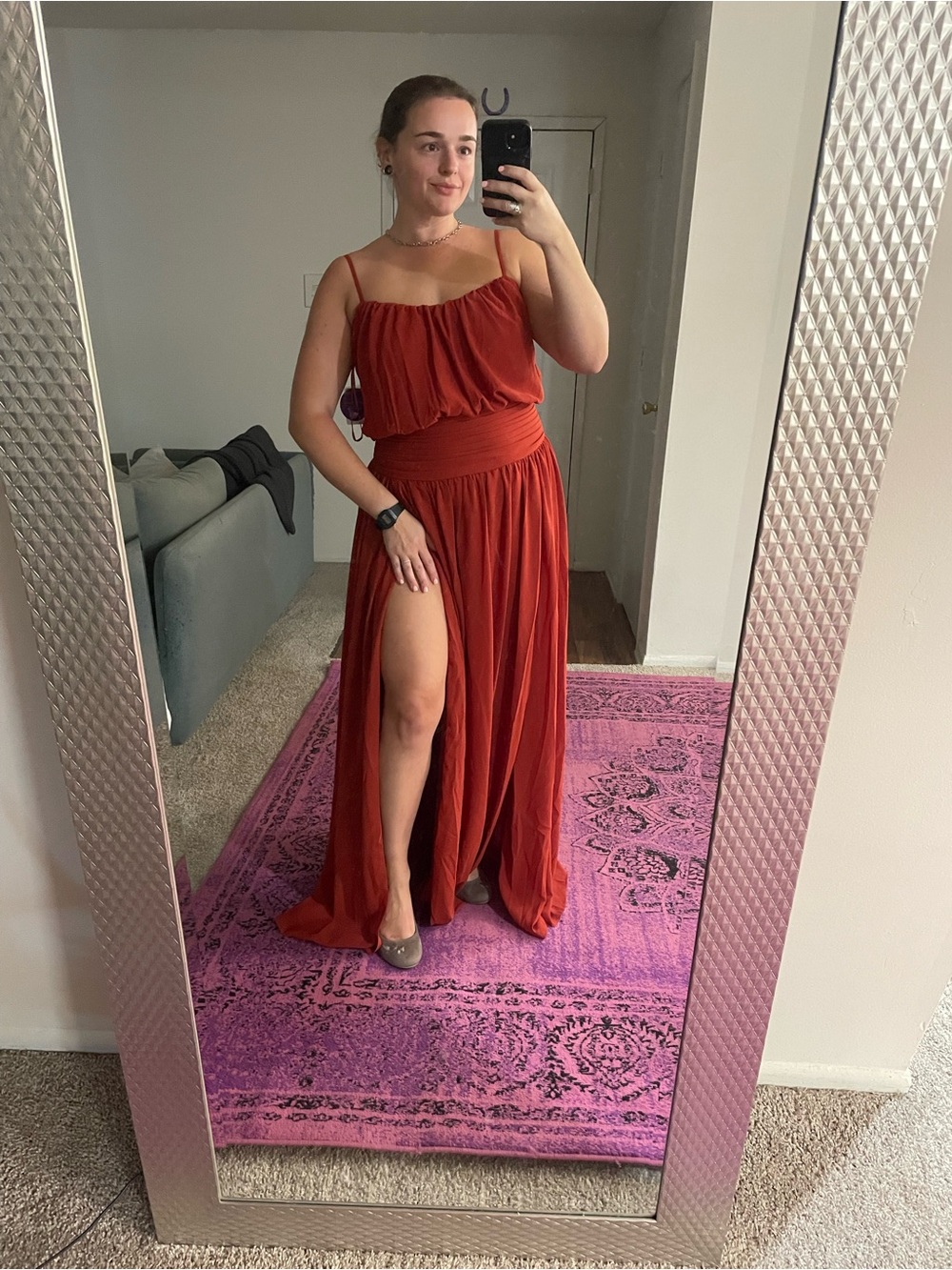 Windsor Brick Red Maxi Dress with High Thigh Slit